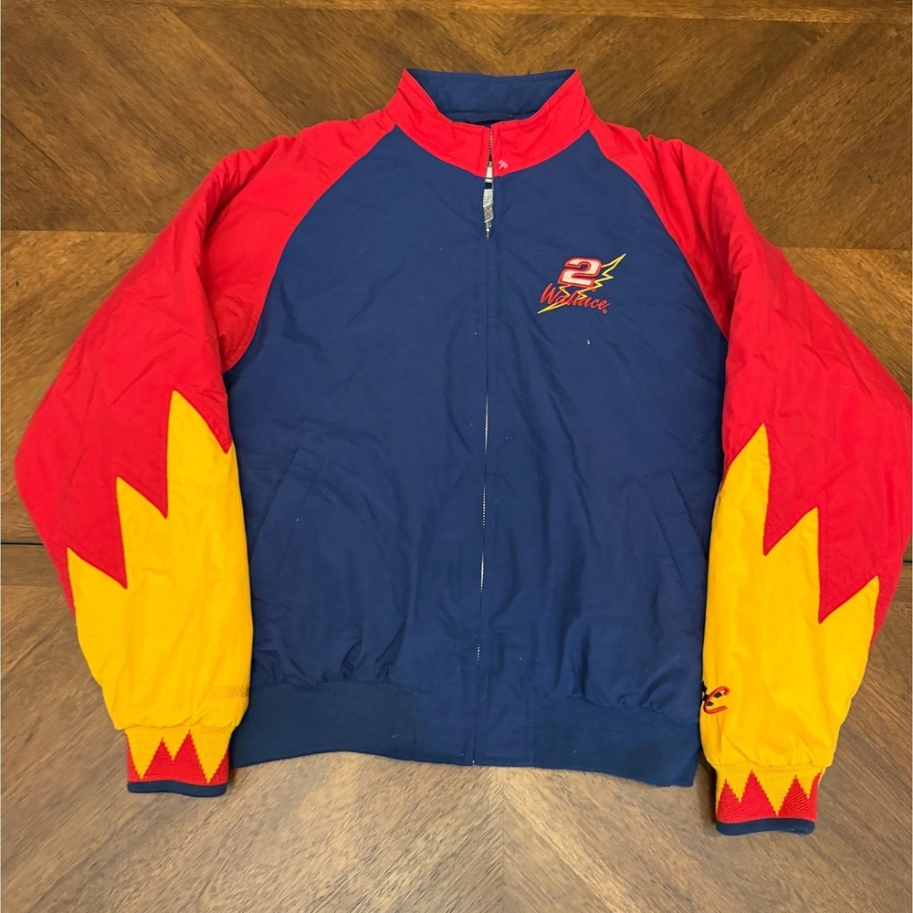 Chase Authentics Rusty Wallace NASCAR Jacket Mens Large Navy Red Yellow Vintage